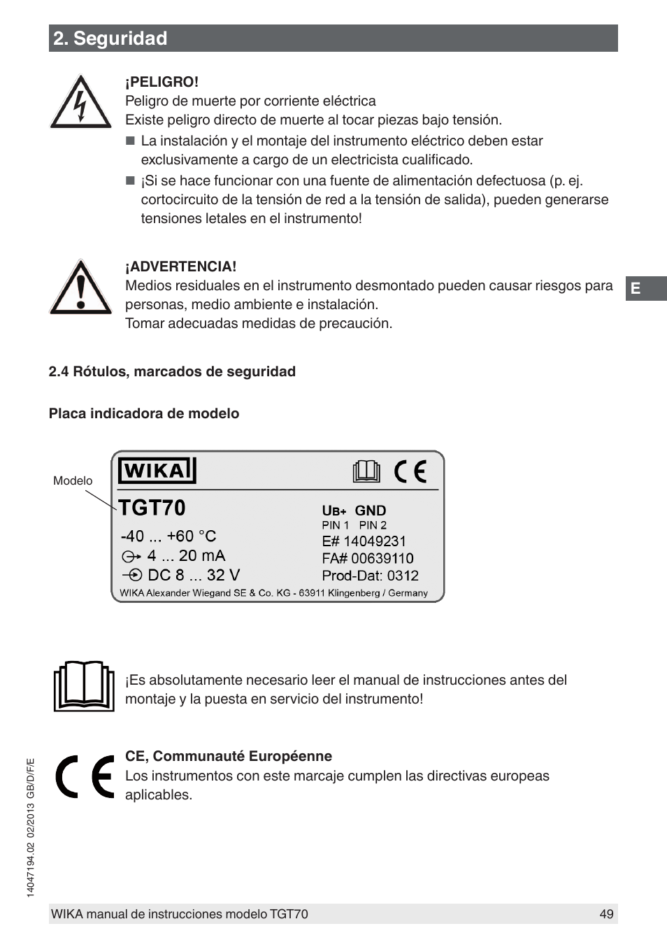 Seguridad | WIKA TGT70 User Manual | Page 49 / 60