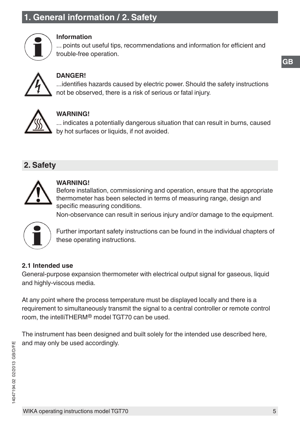 General information / 2. safety, Safety | WIKA TGT70 User Manual | Page 5 / 60