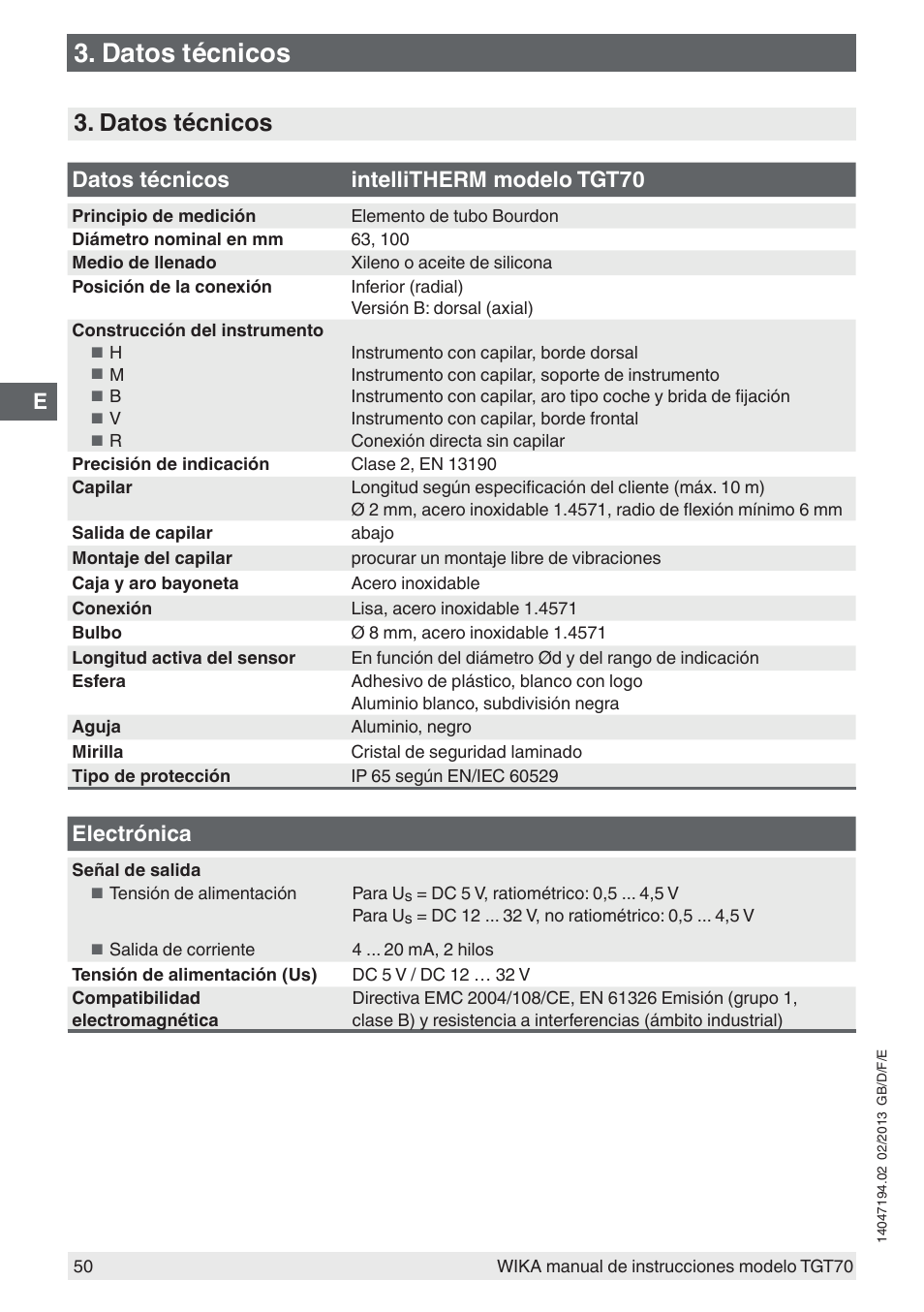 Datos técnicos, Datos técnicos intellitherm modelo tgt70, Electrónica | WIKA TGT70 User Manual | Page 50 / 60