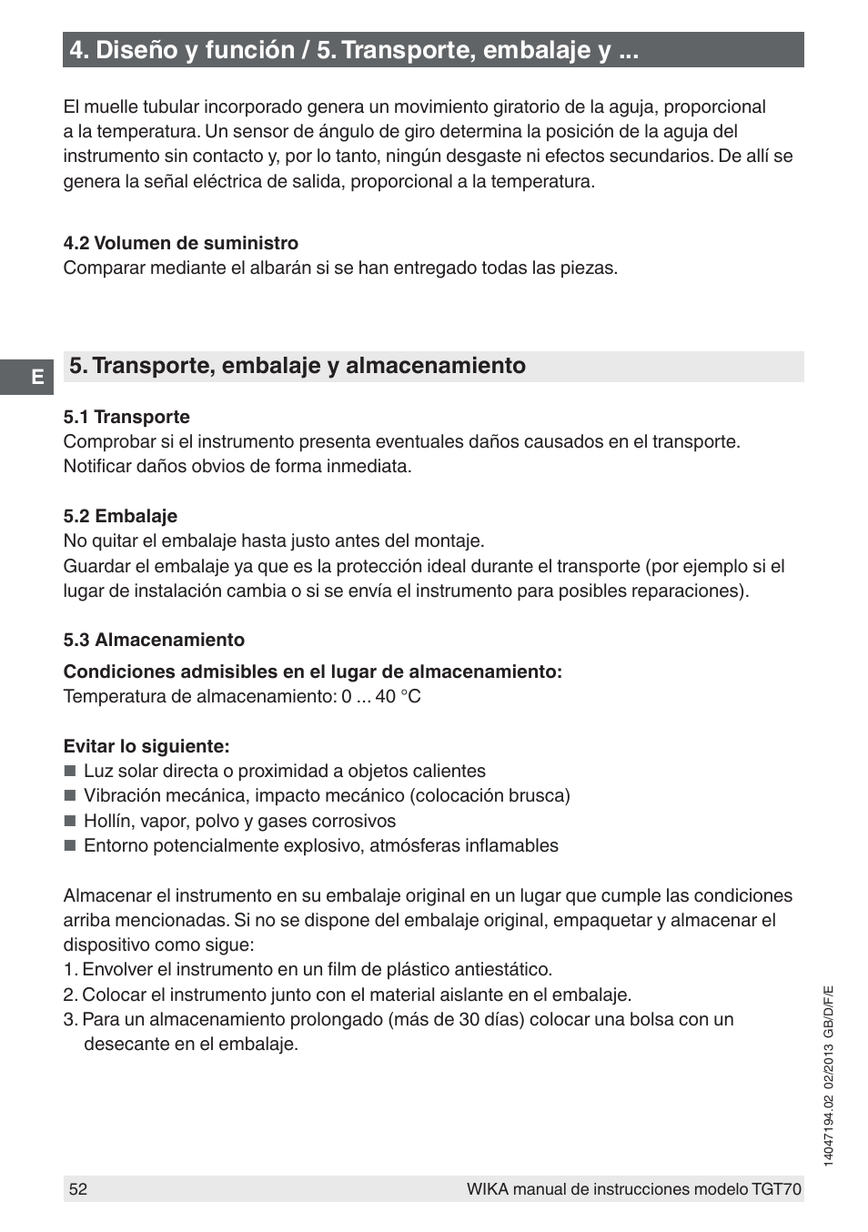 Diseño y función / 5. transporte, embalaje y, Transporte, embalaje y almacenamiento | WIKA TGT70 User Manual | Page 52 / 60
