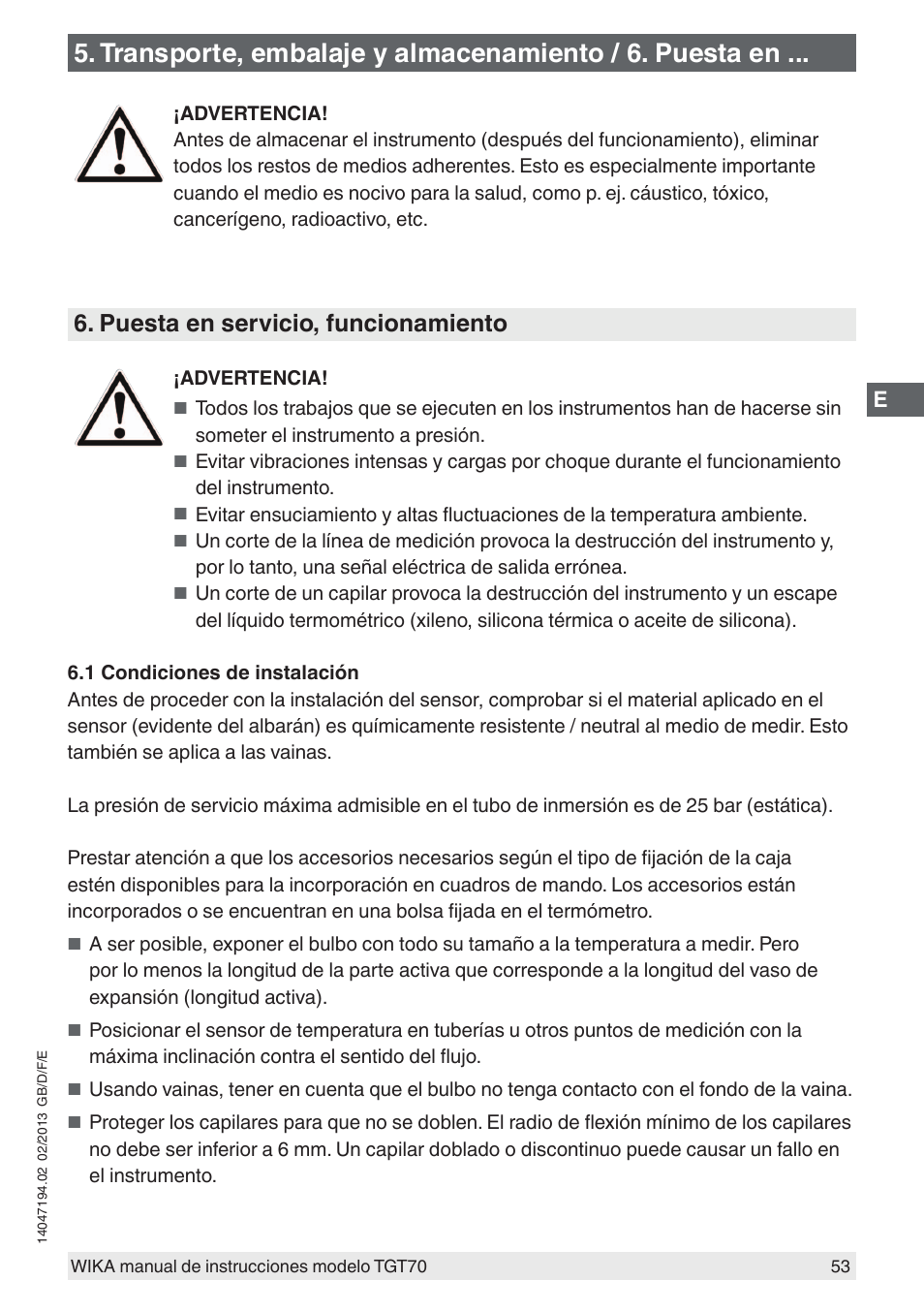 Puesta en servicio, funcionamiento | WIKA TGT70 User Manual | Page 53 / 60