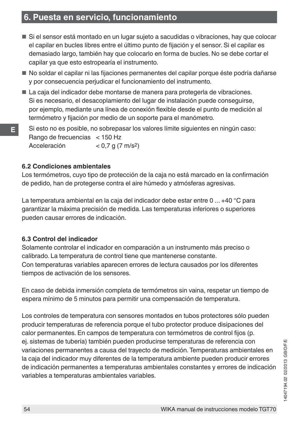 Puesta en servicio, funcionamiento | WIKA TGT70 User Manual | Page 54 / 60