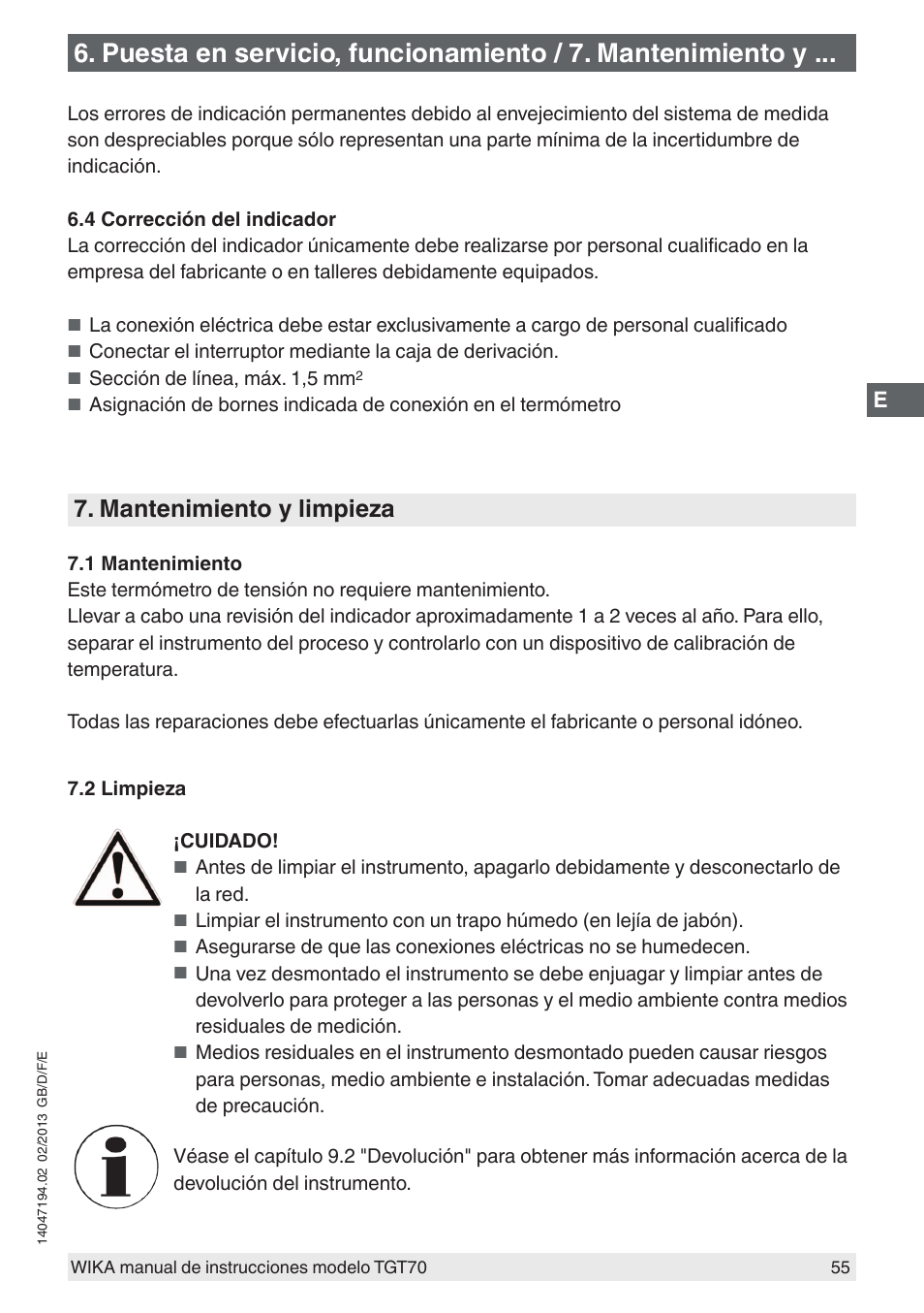 Mantenimiento y limpieza | WIKA TGT70 User Manual | Page 55 / 60