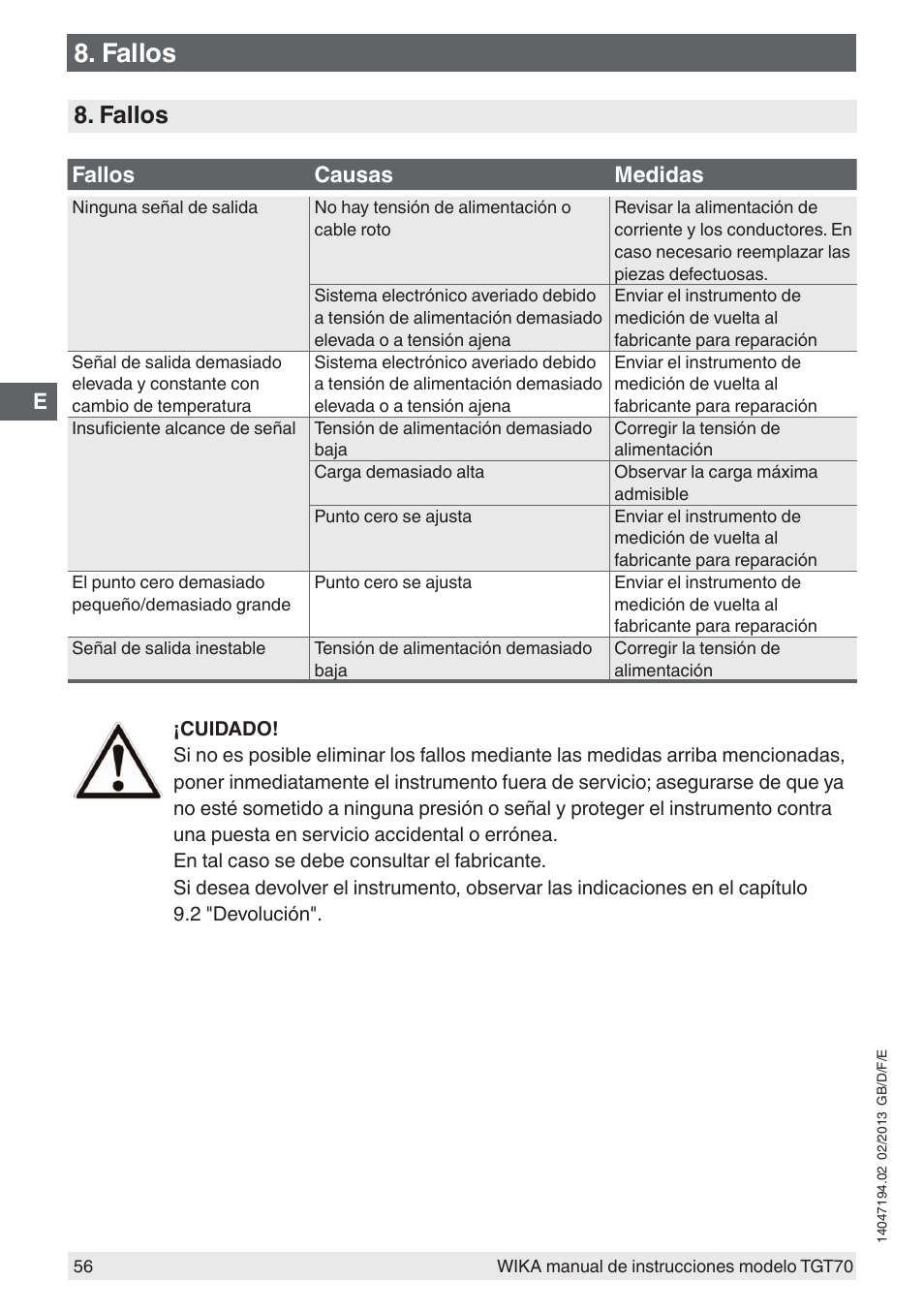 Fallos | WIKA TGT70 User Manual | Page 56 / 60