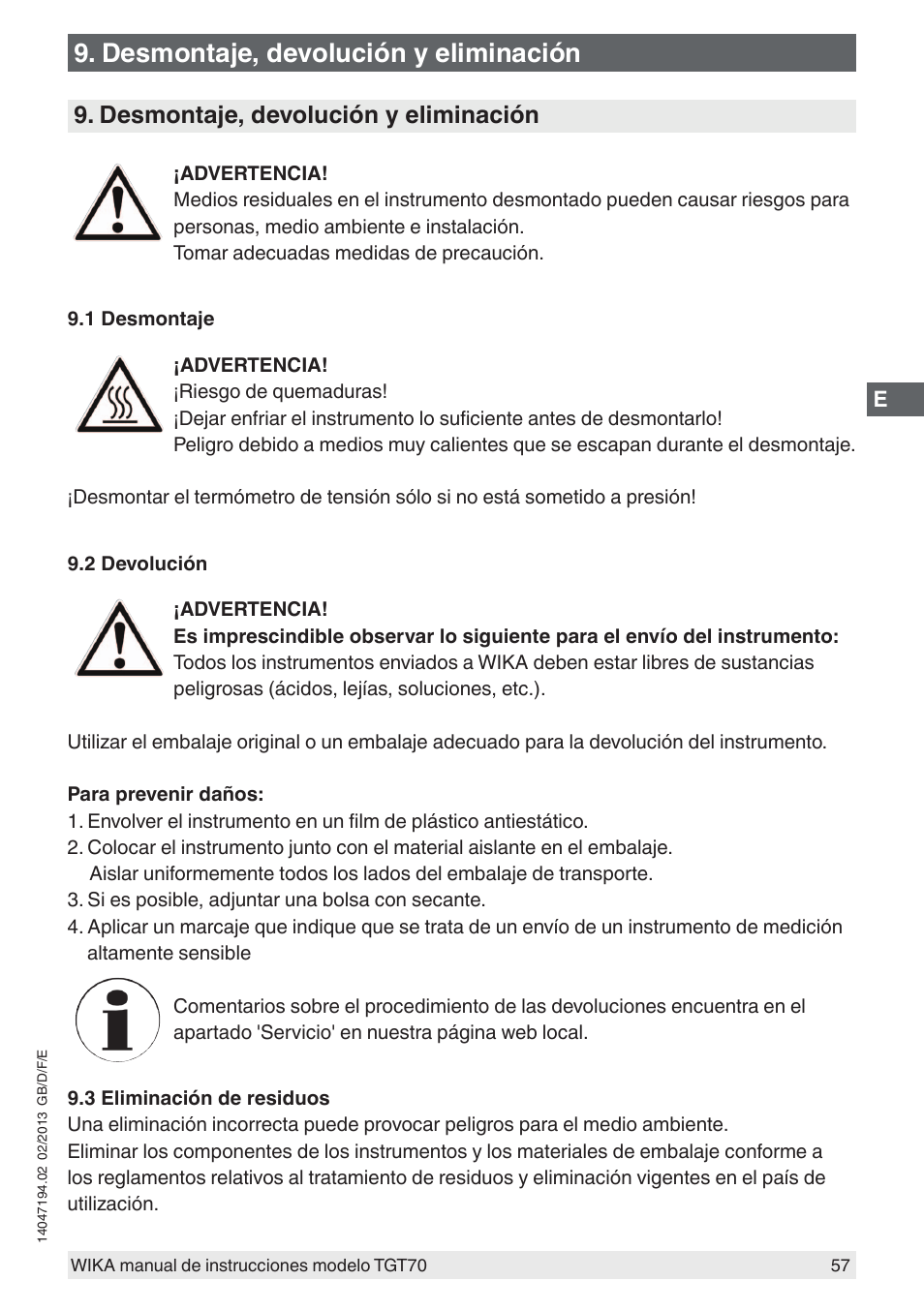 Desmontaje, devolución y eliminación | WIKA TGT70 User Manual | Page 57 / 60