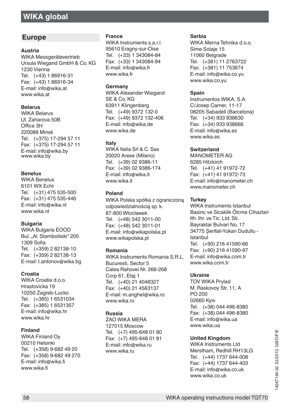 Wika global, Europe | WIKA TGT70 User Manual | Page 58 / 60