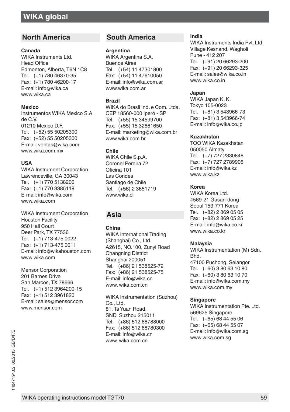 Wika global, North america, South america | Asia | WIKA TGT70 User Manual | Page 59 / 60