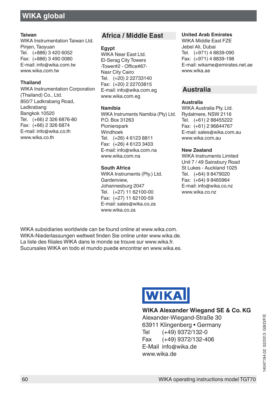 Wika global, Africa / middle east, Australia | WIKA TGT70 User Manual | Page 60 / 60