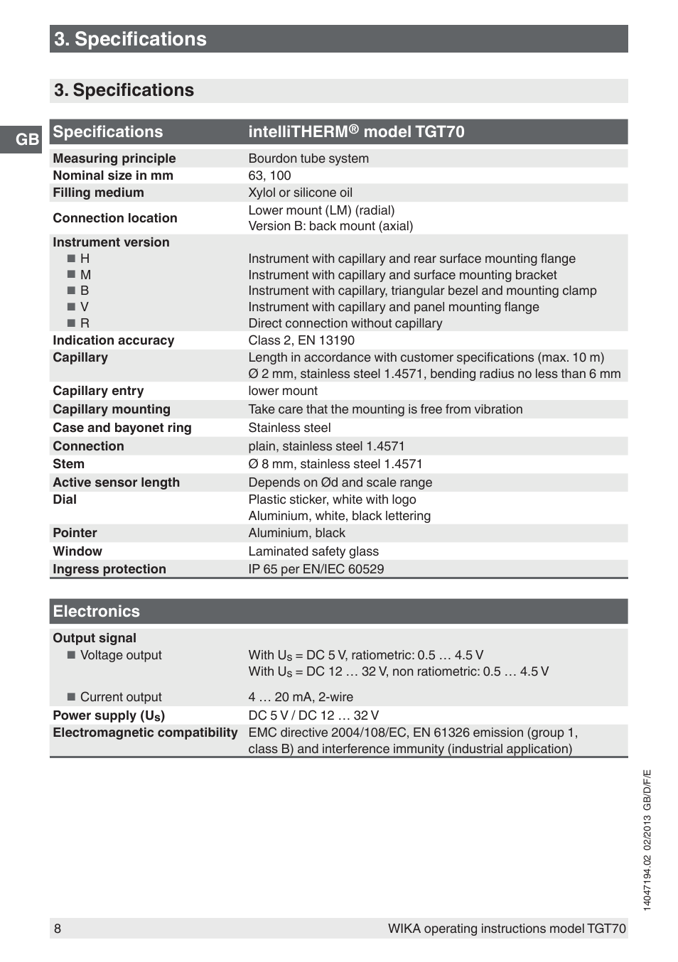 Specifications, Specifications intellitherm, Model tgt70 | Electronics | WIKA TGT70 User Manual | Page 8 / 60