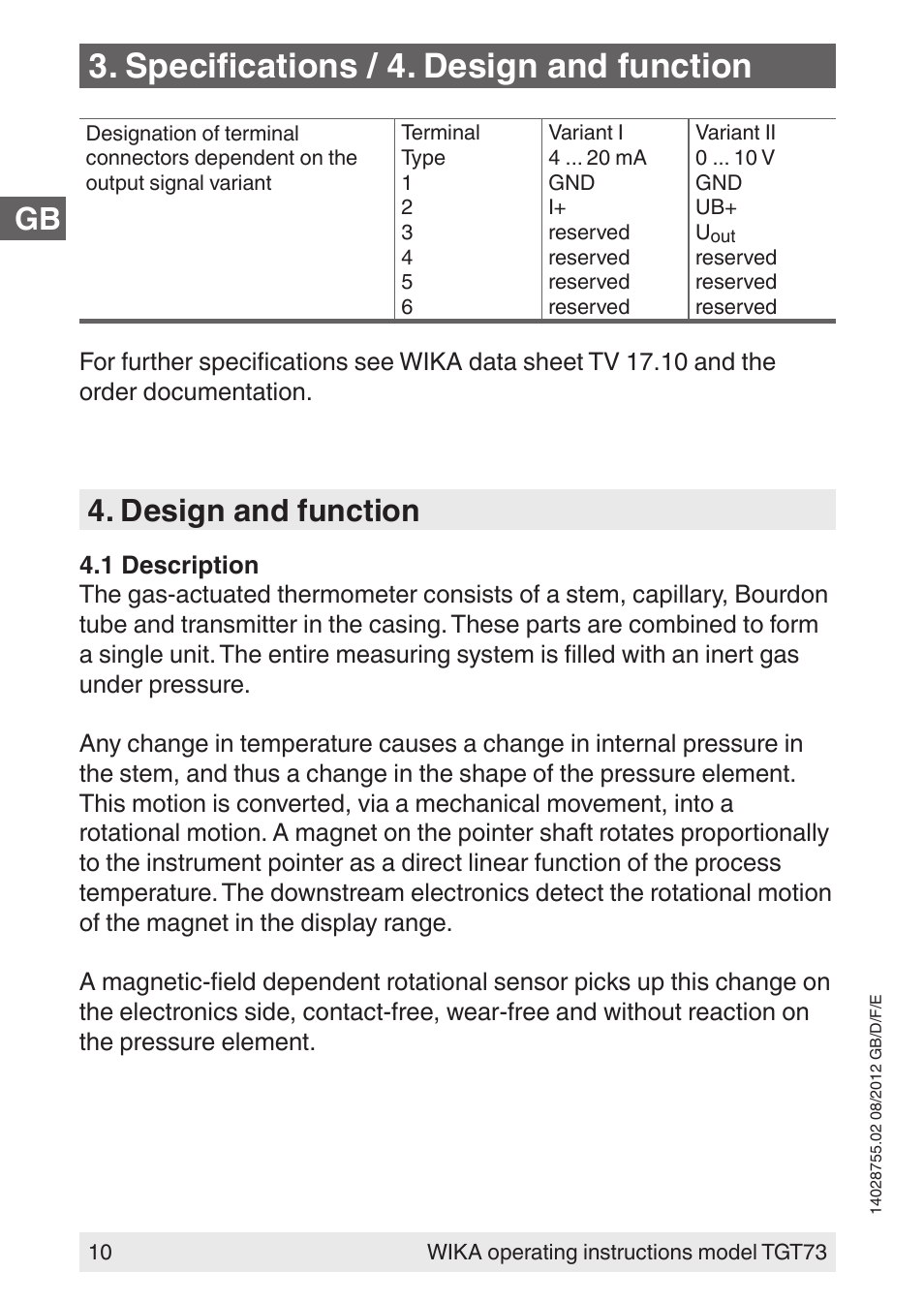 Specifications / 4. design and function, Design and function | WIKA TGT73 User Manual | Page 10 / 88