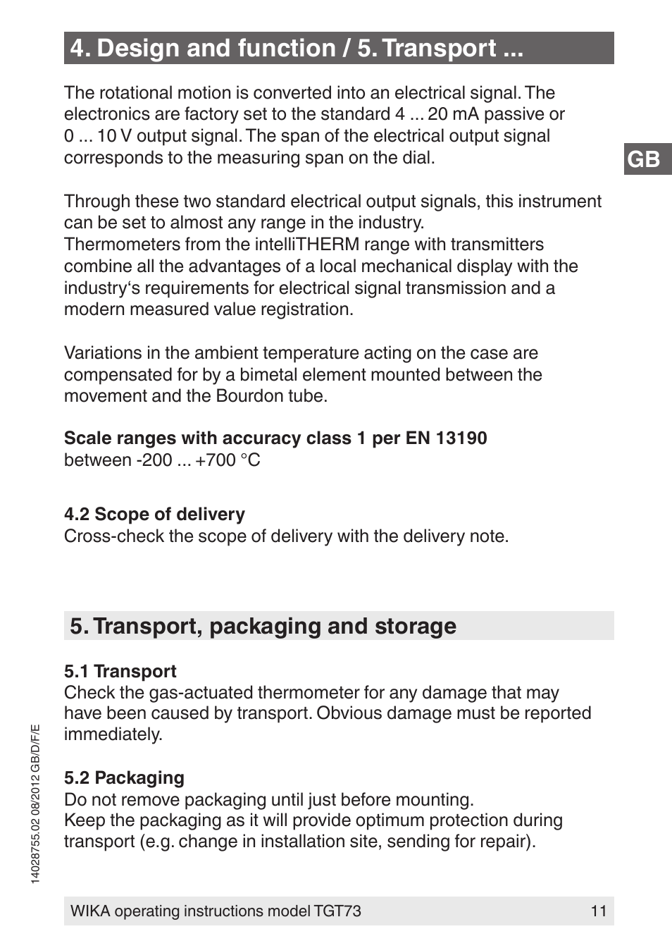 Design and function / 5. transport, Transport, packaging and storage | WIKA TGT73 User Manual | Page 11 / 88