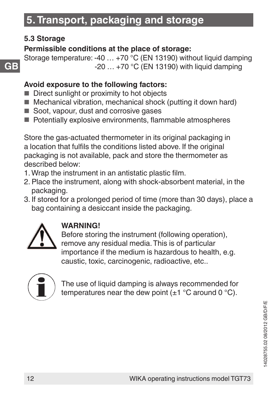 Transport, packaging and storage | WIKA TGT73 User Manual | Page 12 / 88