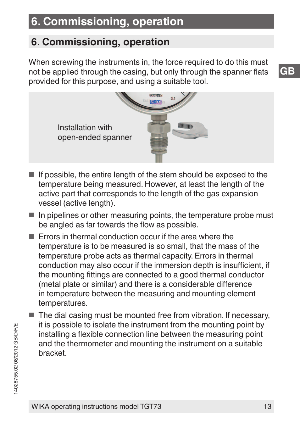 Commissioning, operation | WIKA TGT73 User Manual | Page 13 / 88