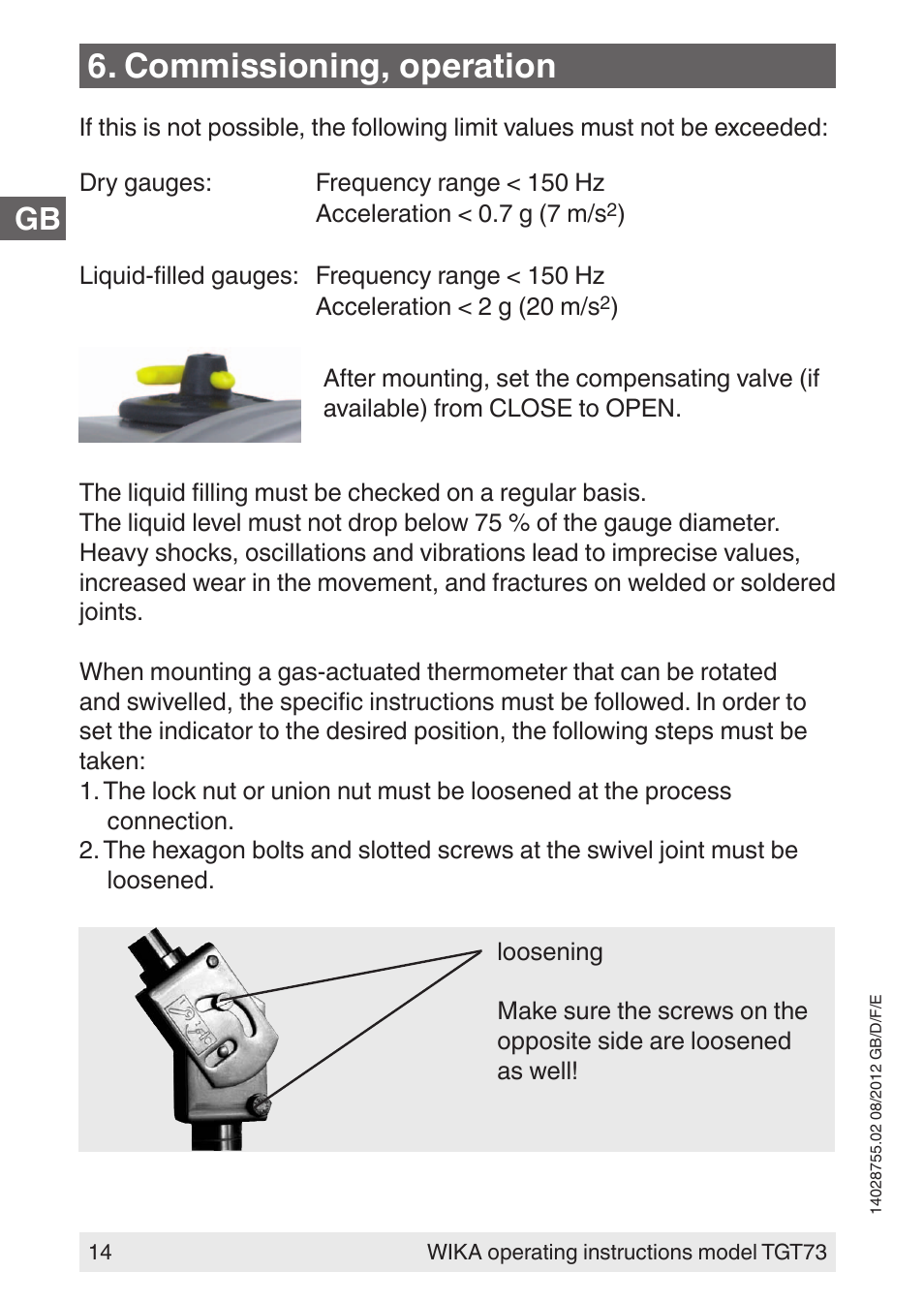 Commissioning, operation | WIKA TGT73 User Manual | Page 14 / 88