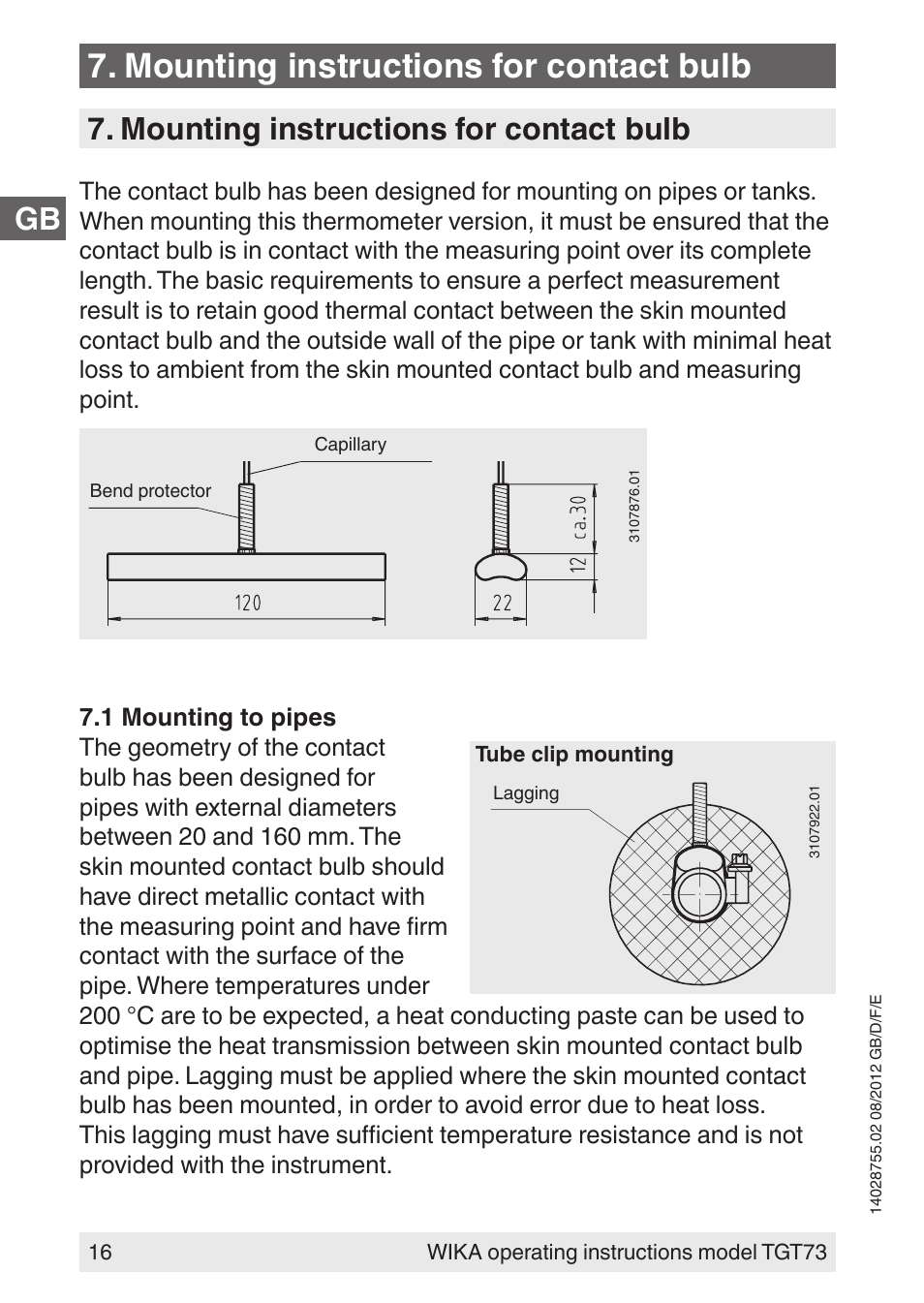 Mounting instructions for contact bulb | WIKA TGT73 User Manual | Page 16 / 88