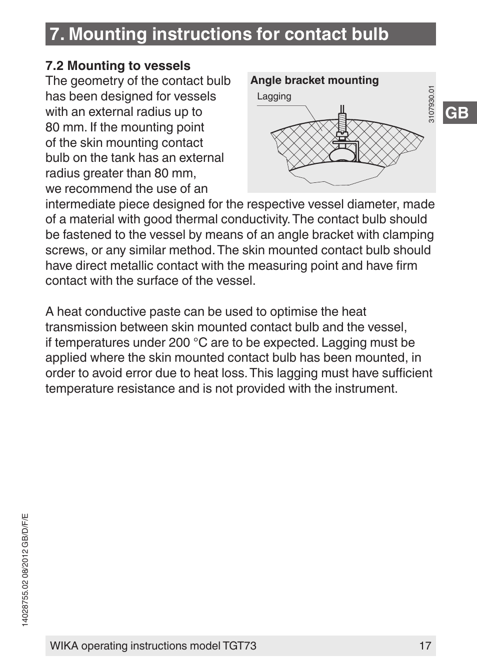 Mounting instructions for contact bulb | WIKA TGT73 User Manual | Page 17 / 88