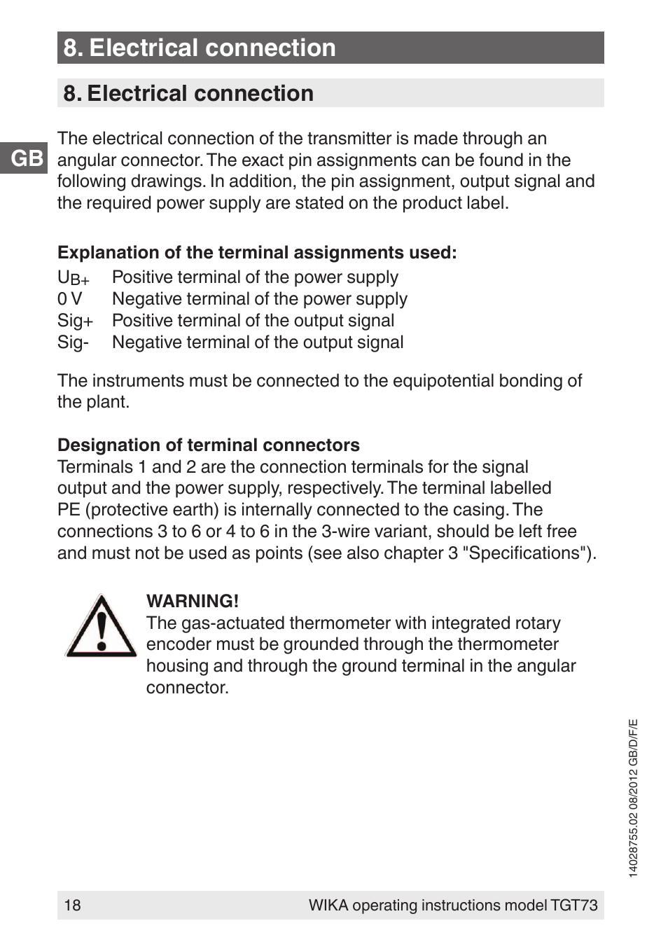 Electrical connection | WIKA TGT73 User Manual | Page 18 / 88