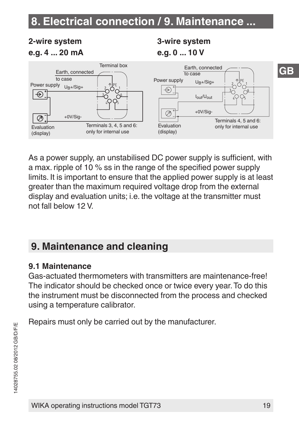 Electrical connection / 9. maintenance, Maintenance and cleaning, Wire system 3-wire system e.g. 4 ma e.g. 0 v | WIKA TGT73 User Manual | Page 19 / 88