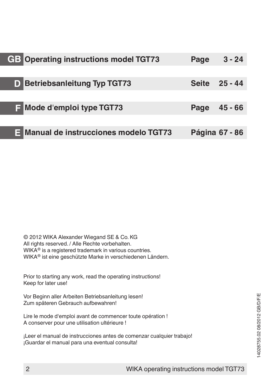 Dgb e f | WIKA TGT73 User Manual | Page 2 / 88