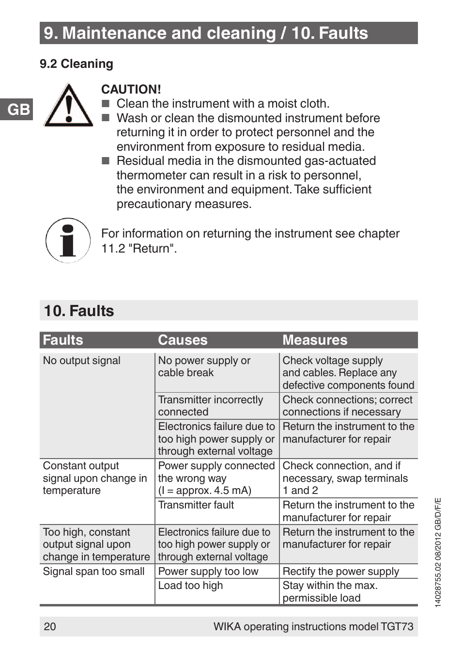 Maintenance and cleaning / 10. faults, Faults, Faults causes measures | WIKA TGT73 User Manual | Page 20 / 88