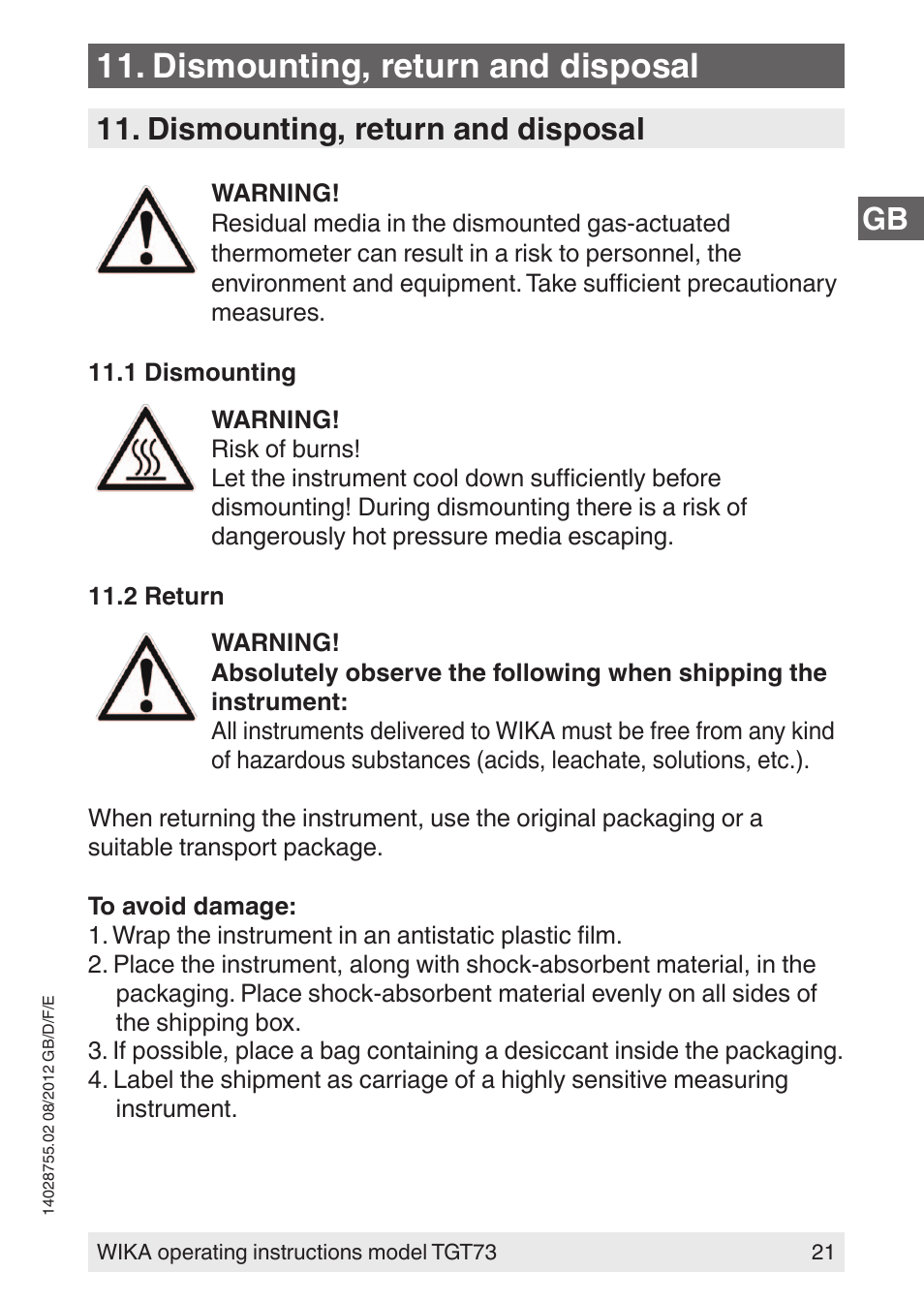 Dismounting, return and disposal | WIKA TGT73 User Manual | Page 21 / 88