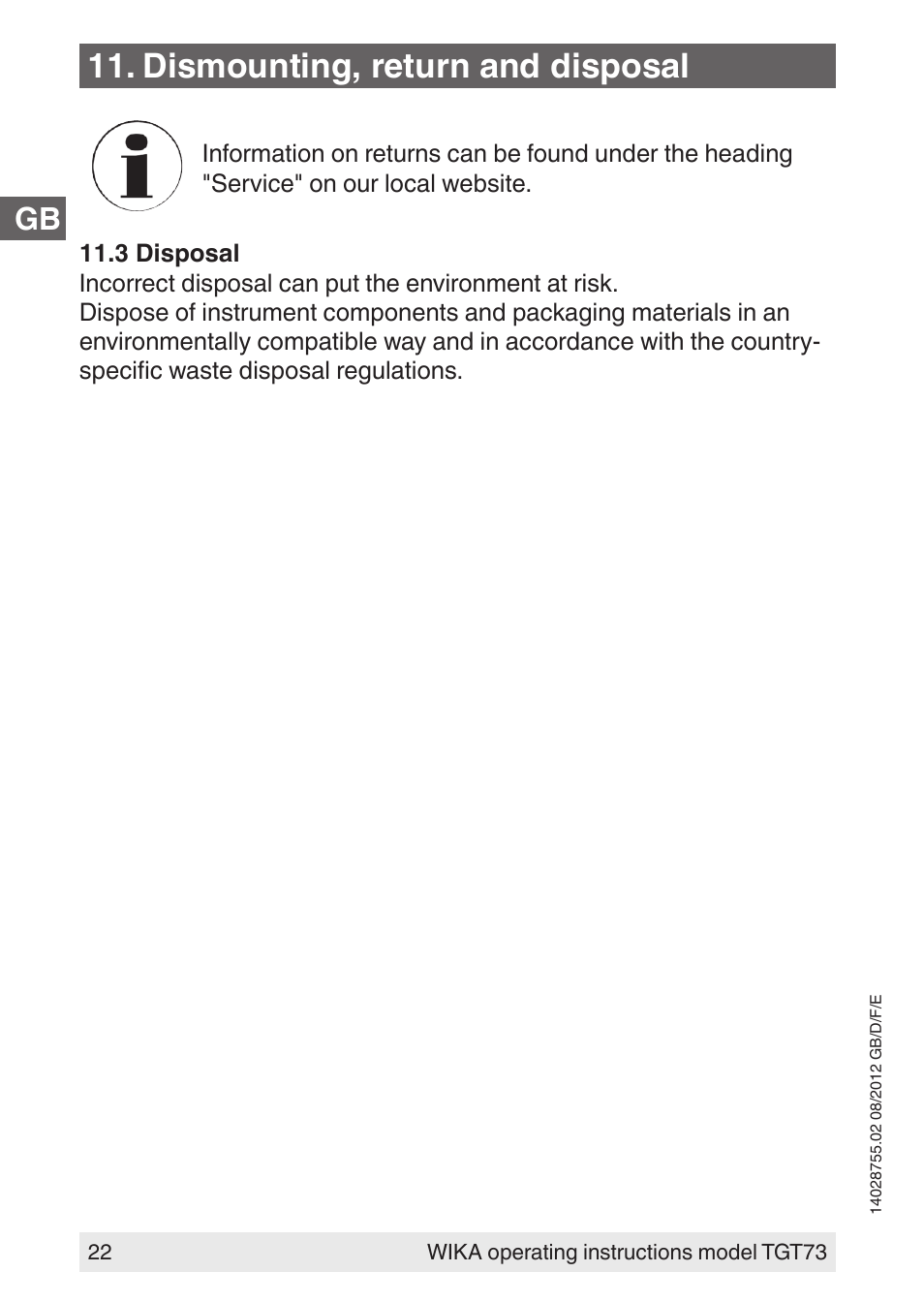 Dismounting, return and disposal | WIKA TGT73 User Manual | Page 22 / 88