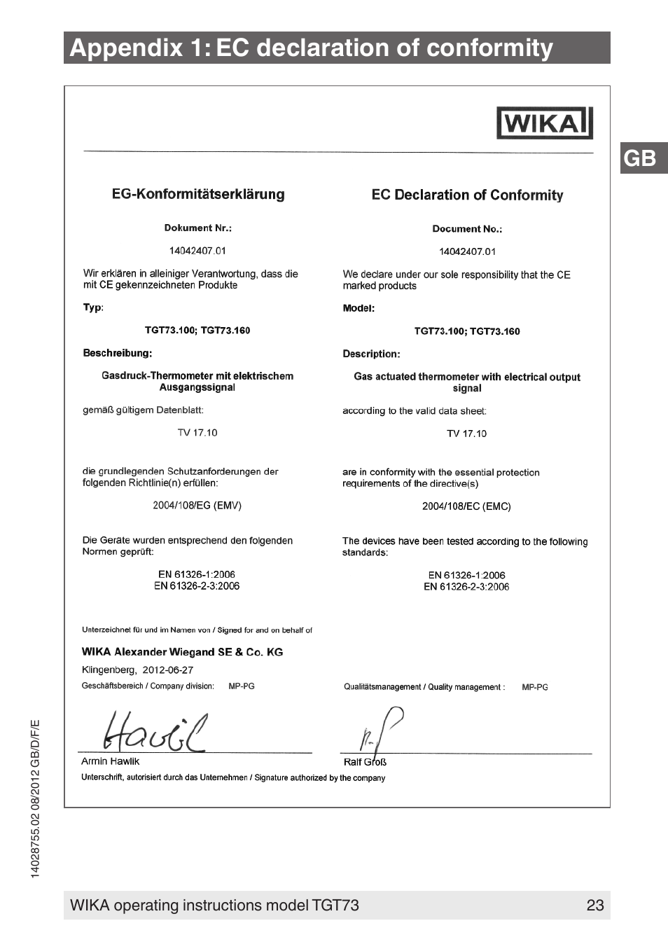 Appendix 1: ec declaration of conformity | WIKA TGT73 User Manual | Page 23 / 88