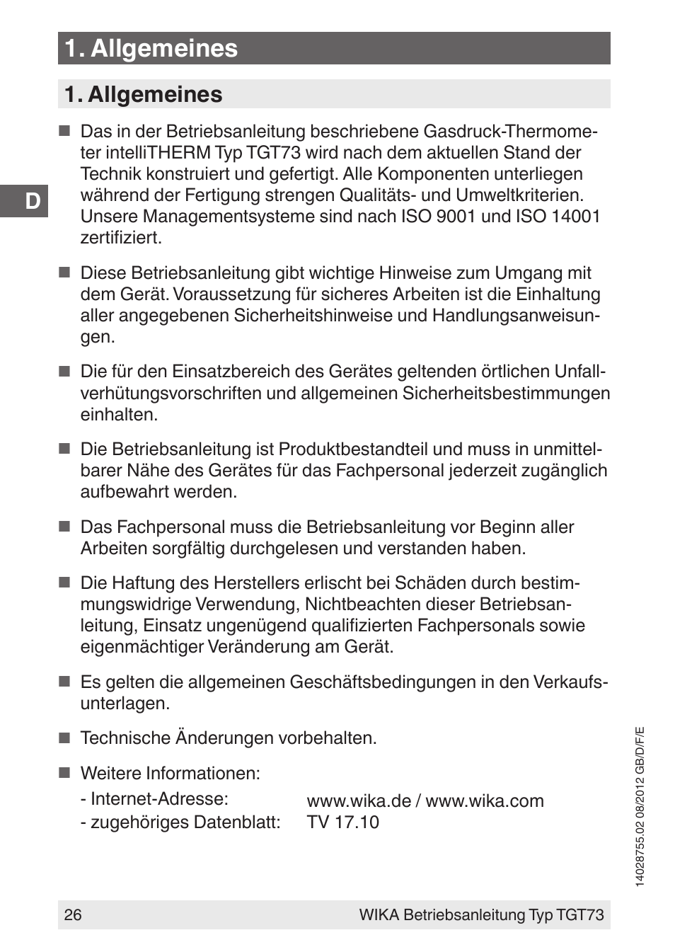 Allgemeines | WIKA TGT73 User Manual | Page 26 / 88