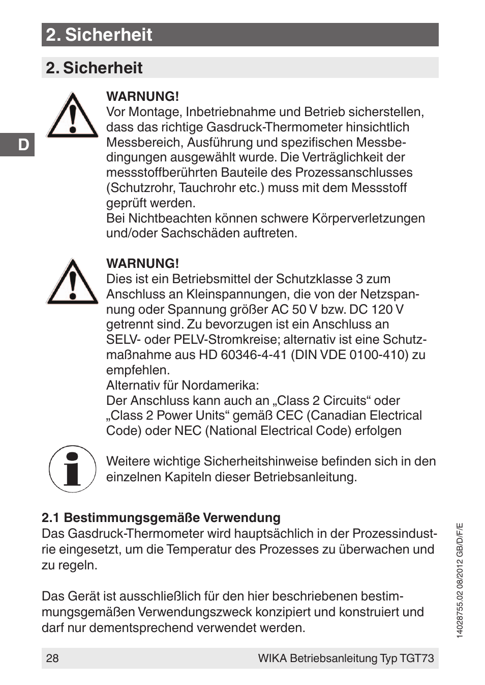 Sicherheit | WIKA TGT73 User Manual | Page 28 / 88