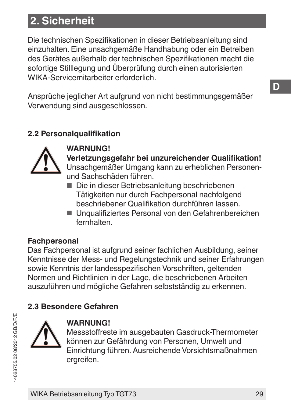 Sicherheit | WIKA TGT73 User Manual | Page 29 / 88