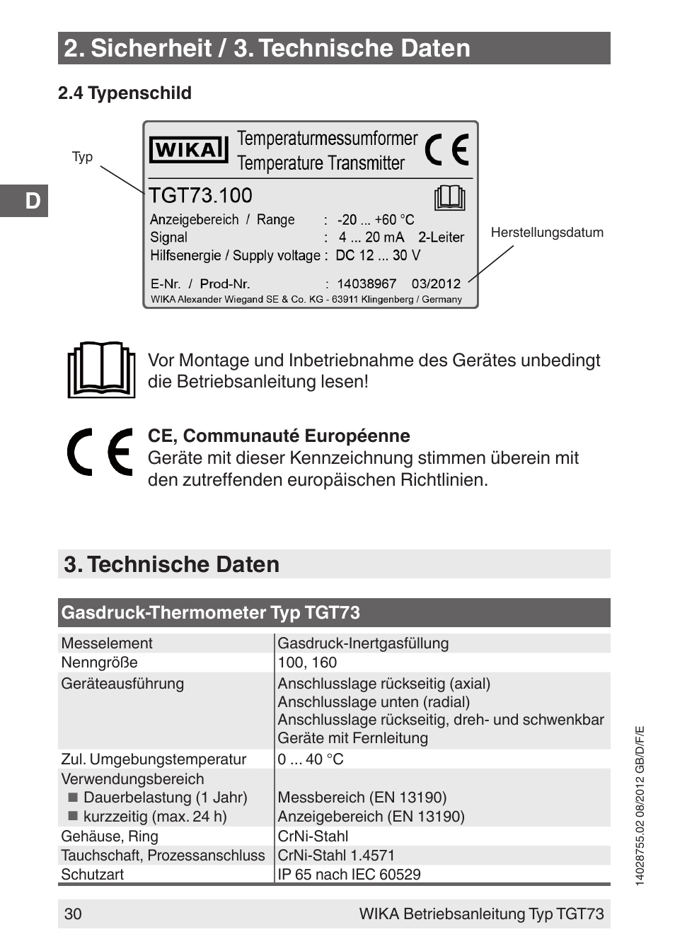 Sicherheit / 3. technische daten, Technische daten | WIKA TGT73 User Manual | Page 30 / 88