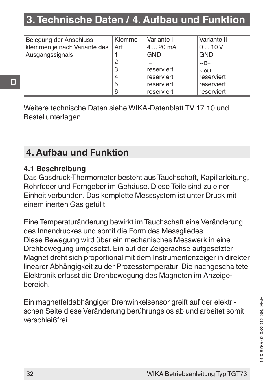 Technische daten / 4. aufbau und funktion, Aufbau und funktion | WIKA TGT73 User Manual | Page 32 / 88