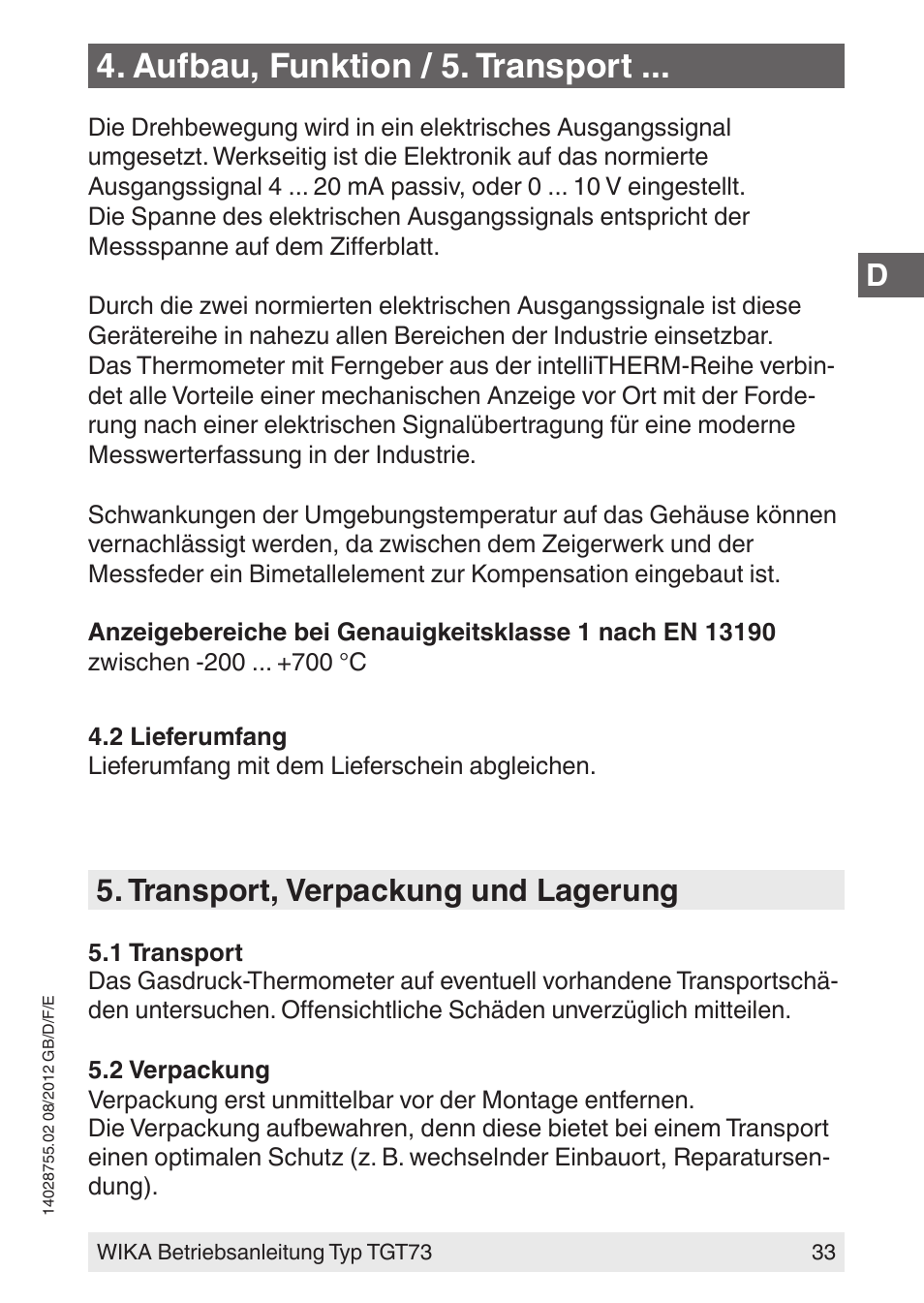 Aufbau, funktion / 5. transport, Transport, verpackung und lagerung | WIKA TGT73 User Manual | Page 33 / 88