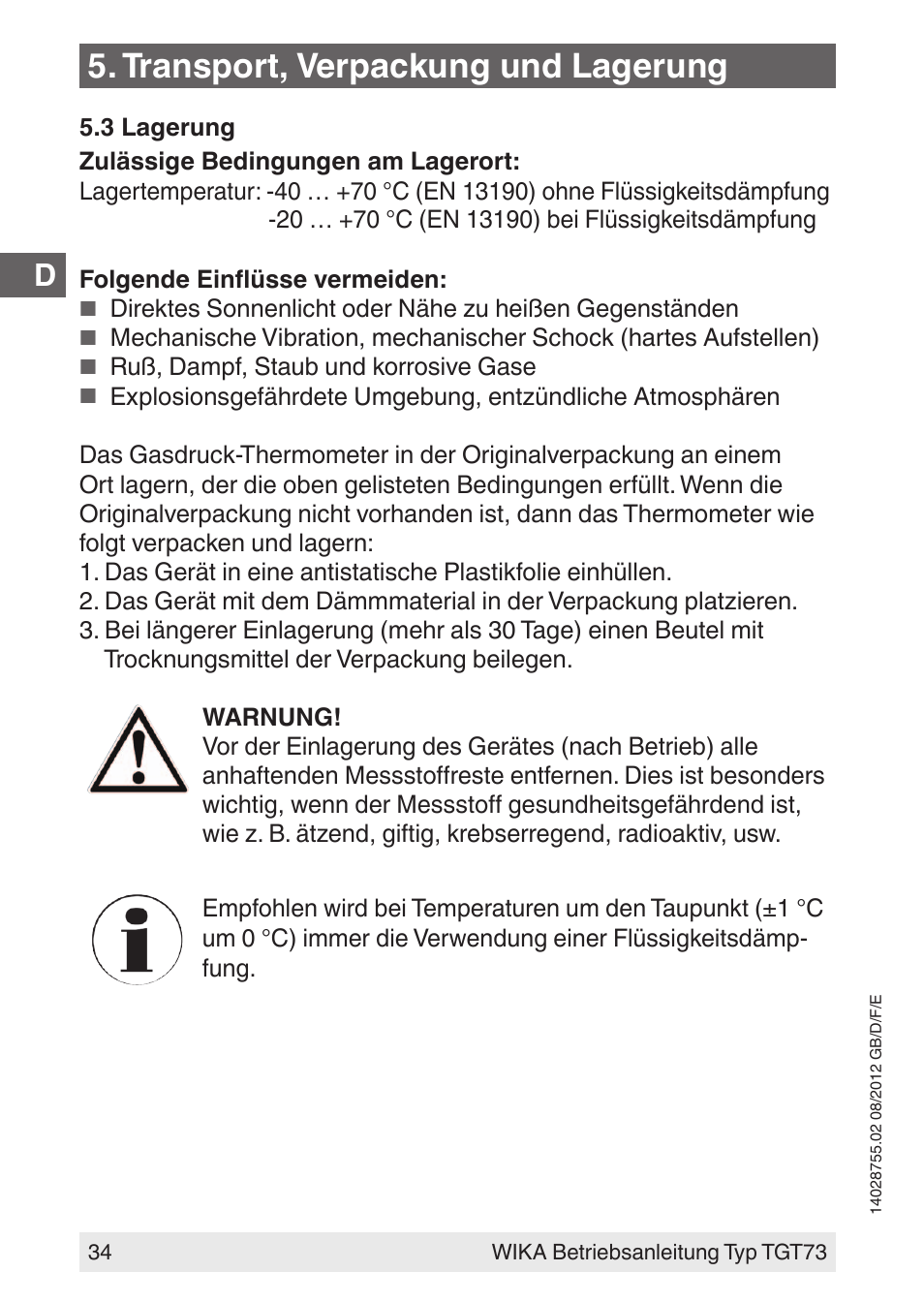 Transport, verpackung und lagerung | WIKA TGT73 User Manual | Page 34 / 88