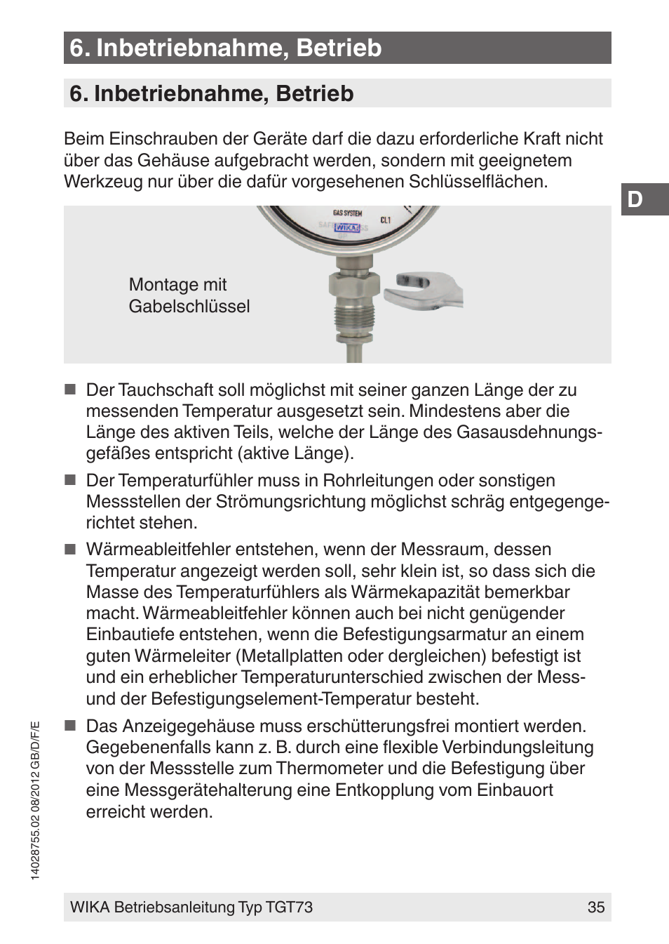 Inbetriebnahme, betrieb | WIKA TGT73 User Manual | Page 35 / 88