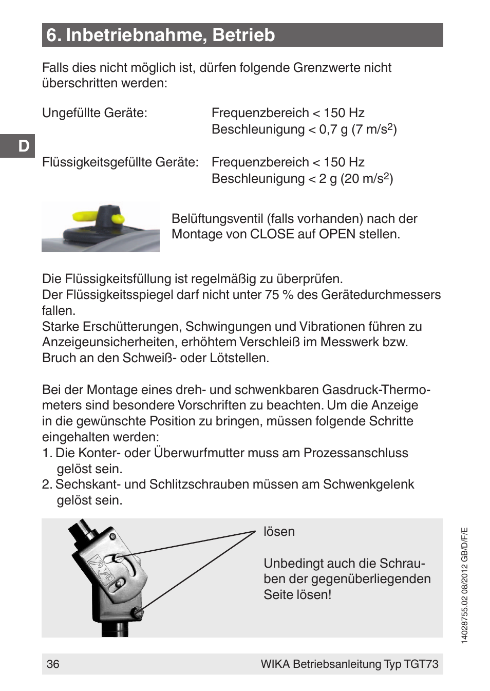 Inbetriebnahme, betrieb | WIKA TGT73 User Manual | Page 36 / 88