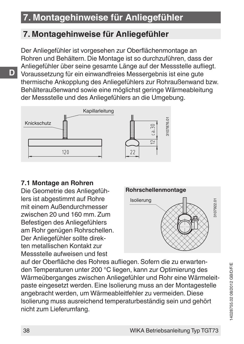 Montagehinweise für anliegefühler | WIKA TGT73 User Manual | Page 38 / 88