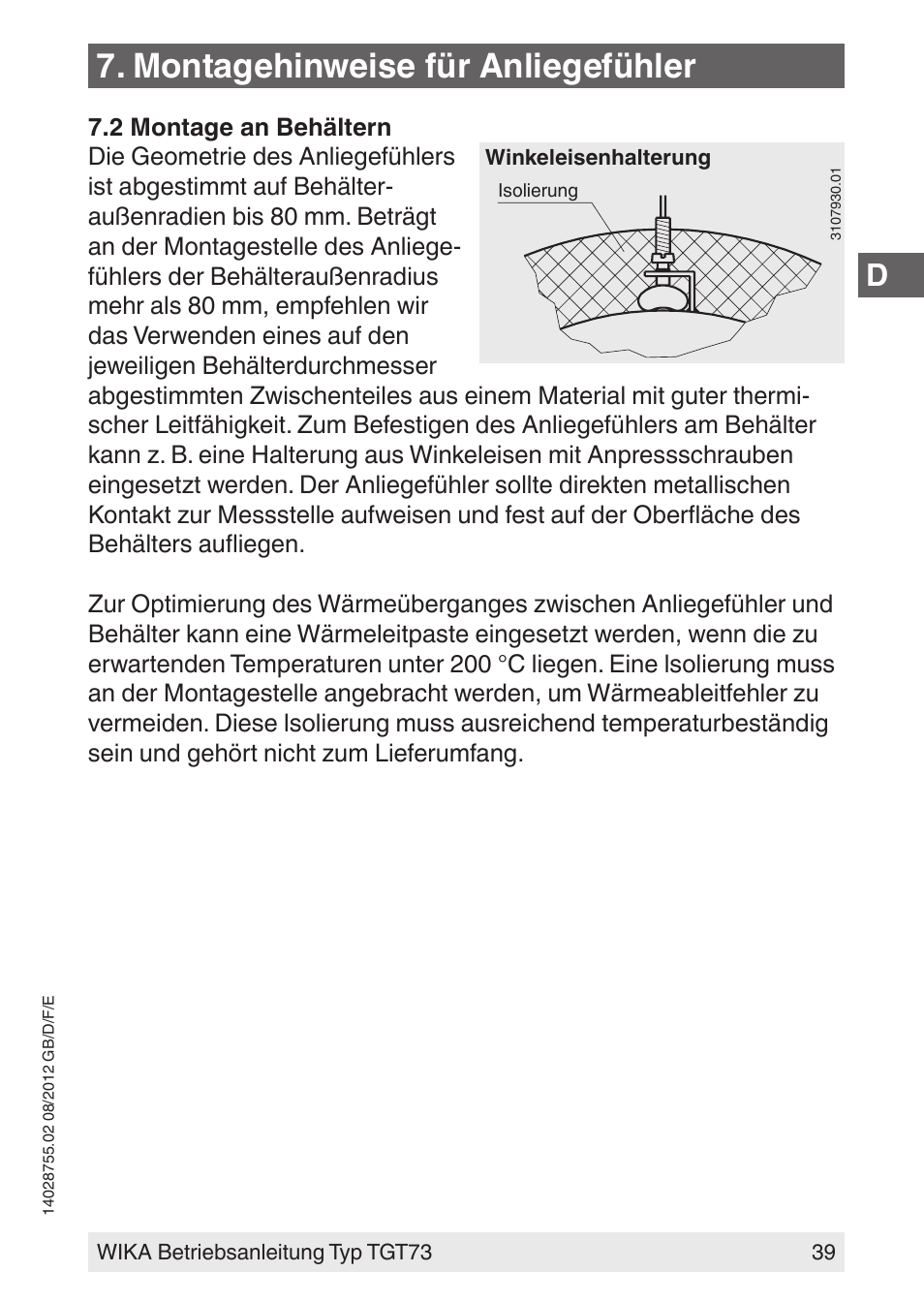 Montagehinweise für anliegefühler | WIKA TGT73 User Manual | Page 39 / 88