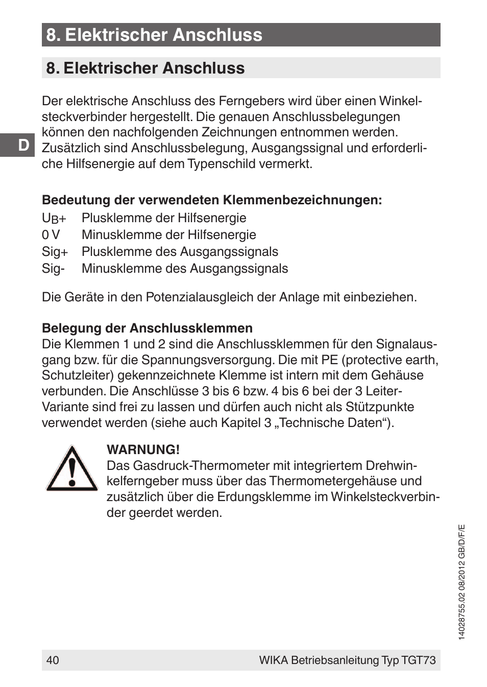 Elektrischer anschluss | WIKA TGT73 User Manual | Page 40 / 88