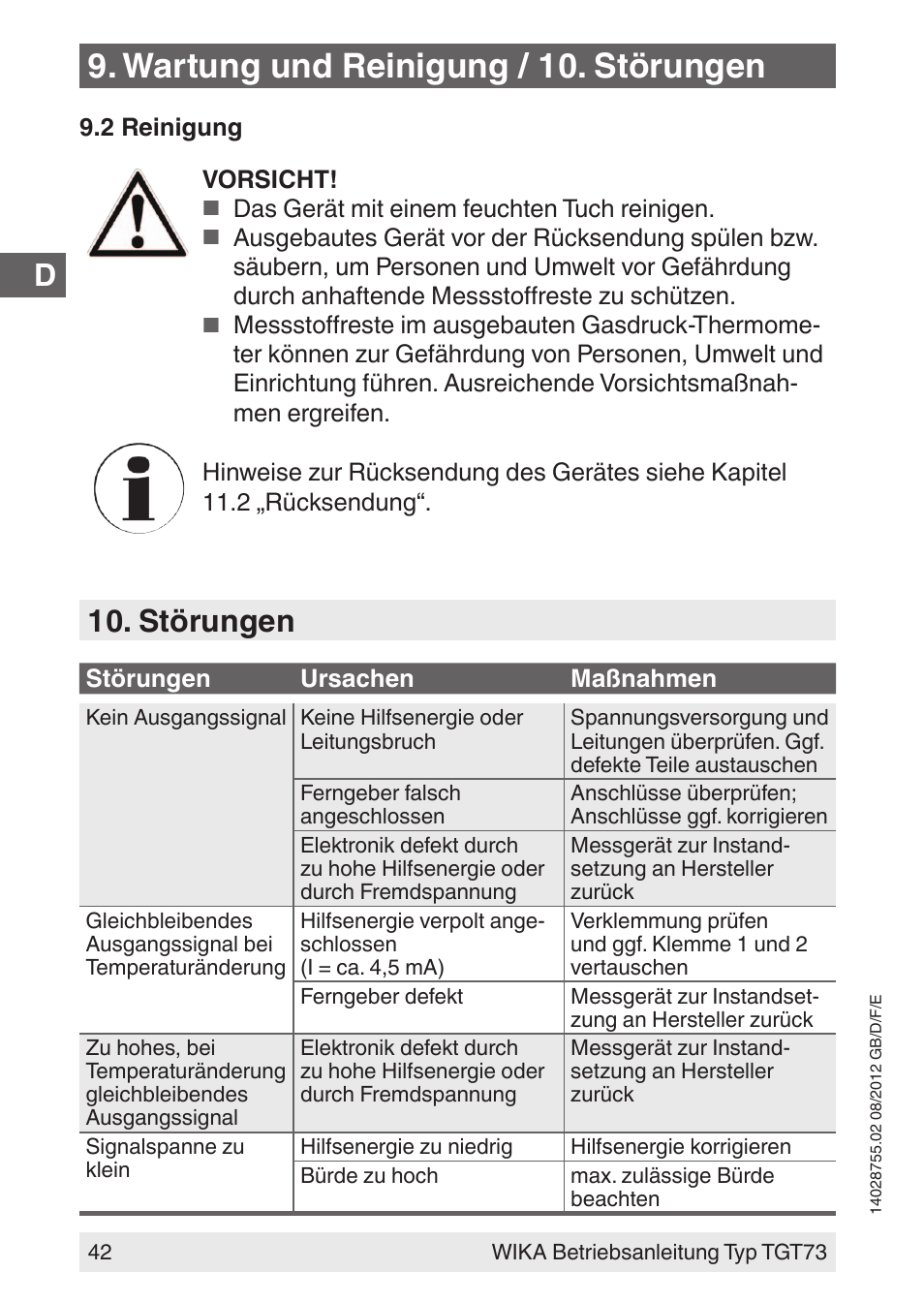 Wartung und reinigung / 10. störungen, Störungen | WIKA TGT73 User Manual | Page 42 / 88