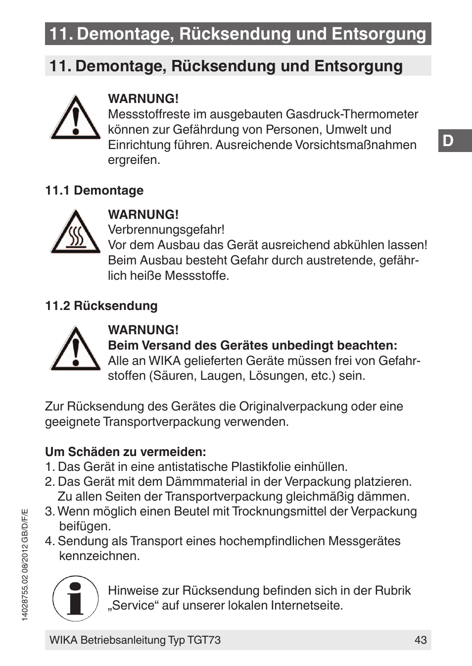 Demontage, rücksendung und entsorgung | WIKA TGT73 User Manual | Page 43 / 88