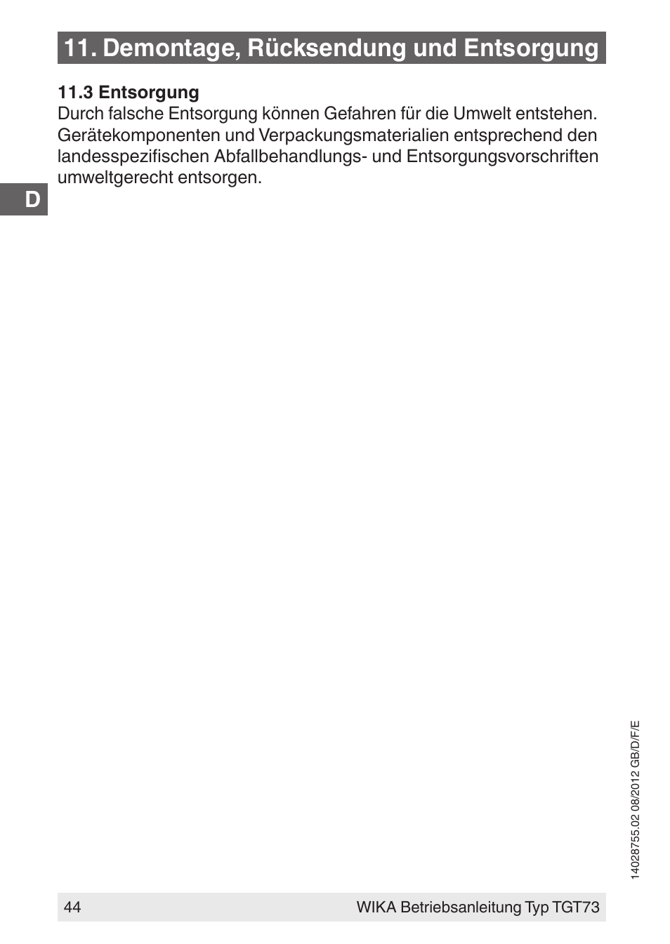 Demontage, rücksendung und entsorgung | WIKA TGT73 User Manual | Page 44 / 88