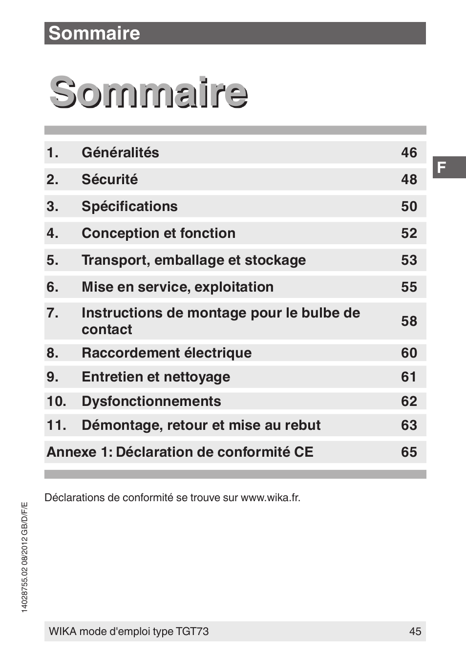 Sommaire | WIKA TGT73 User Manual | Page 45 / 88