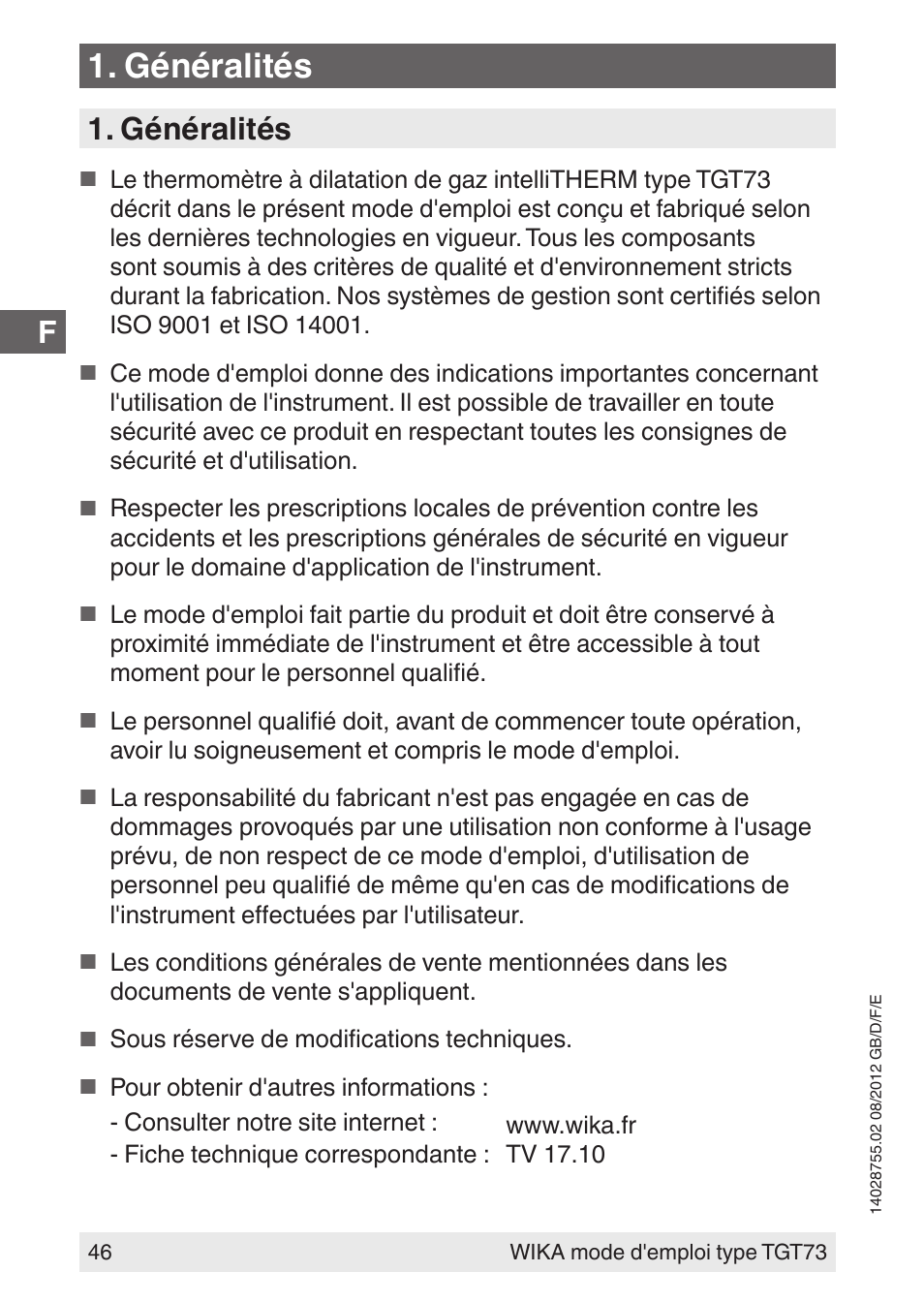 Généralités | WIKA TGT73 User Manual | Page 46 / 88