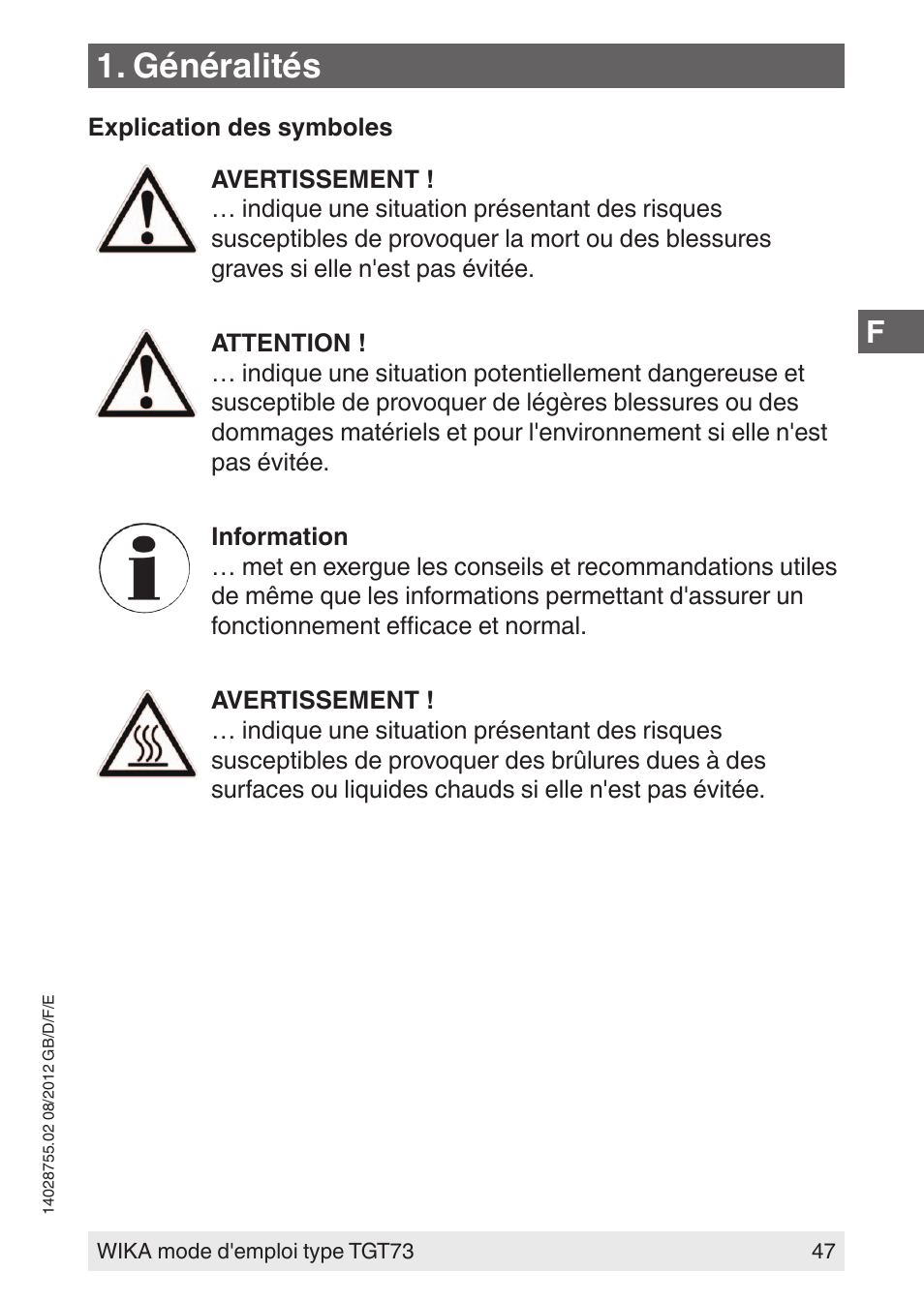 Généralités | WIKA TGT73 User Manual | Page 47 / 88