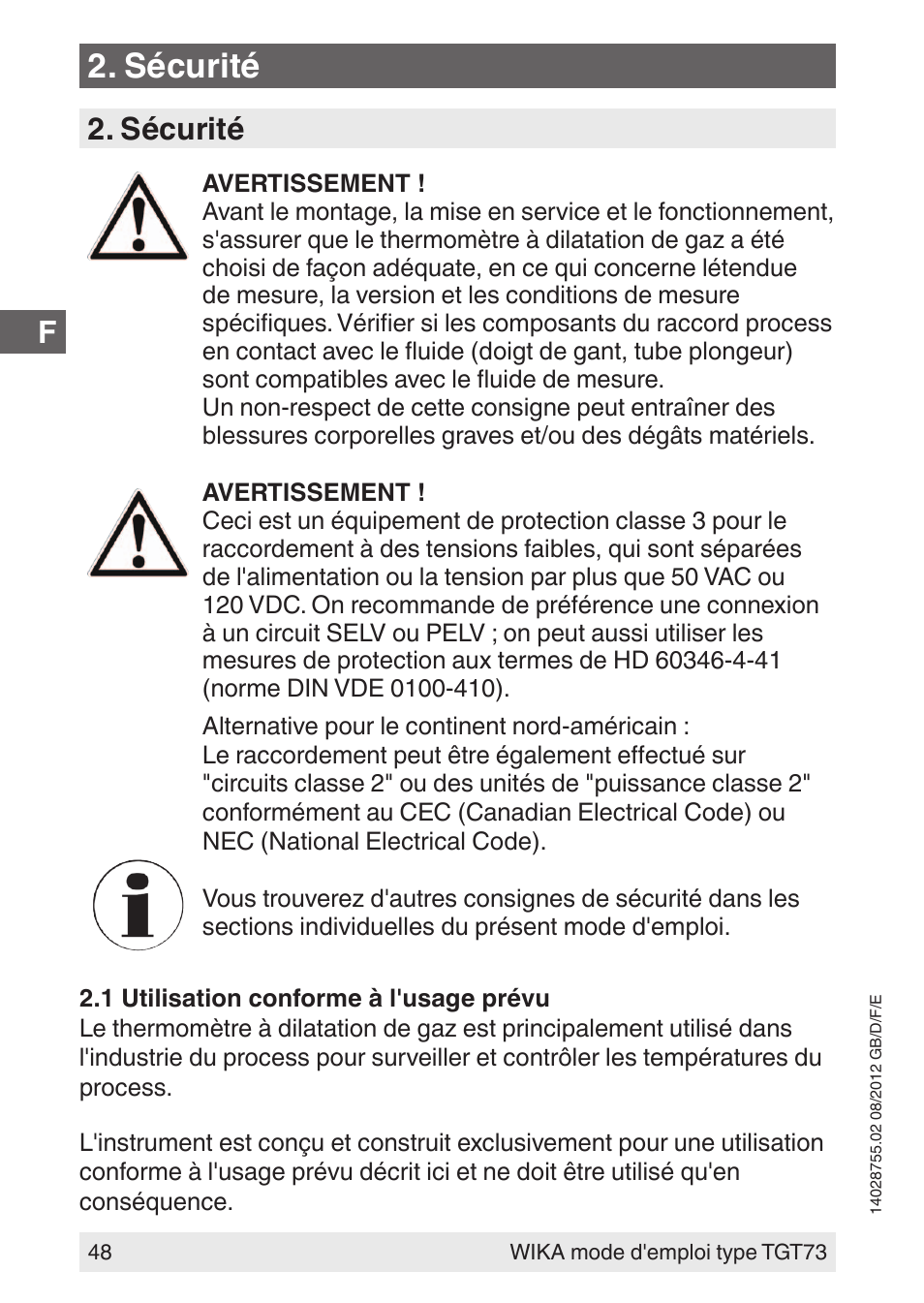 Sécurité | WIKA TGT73 User Manual | Page 48 / 88