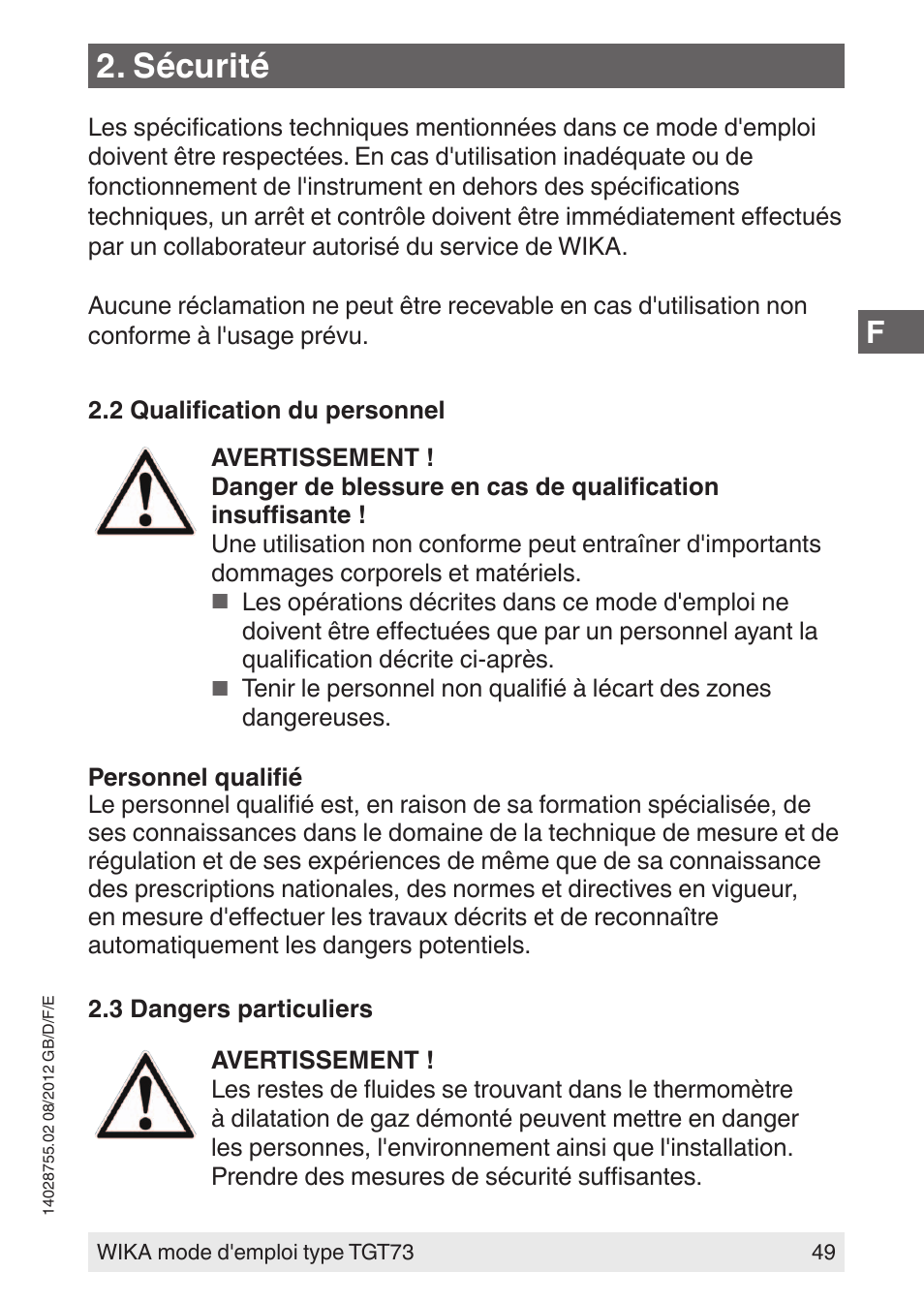 Sécurité | WIKA TGT73 User Manual | Page 49 / 88