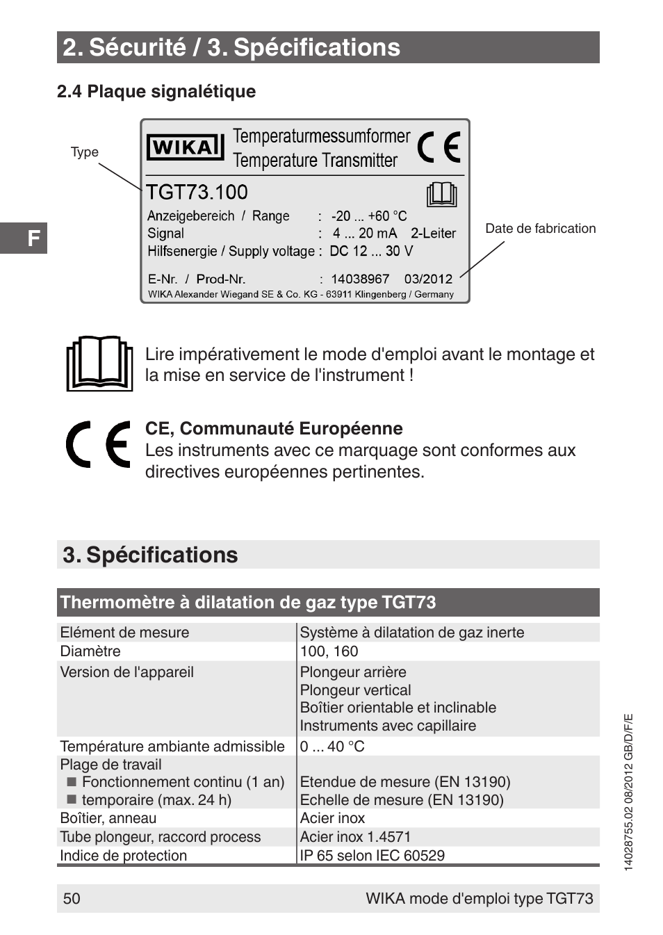 Sécurité / 3. spécifications, Spécifications | WIKA TGT73 User Manual | Page 50 / 88