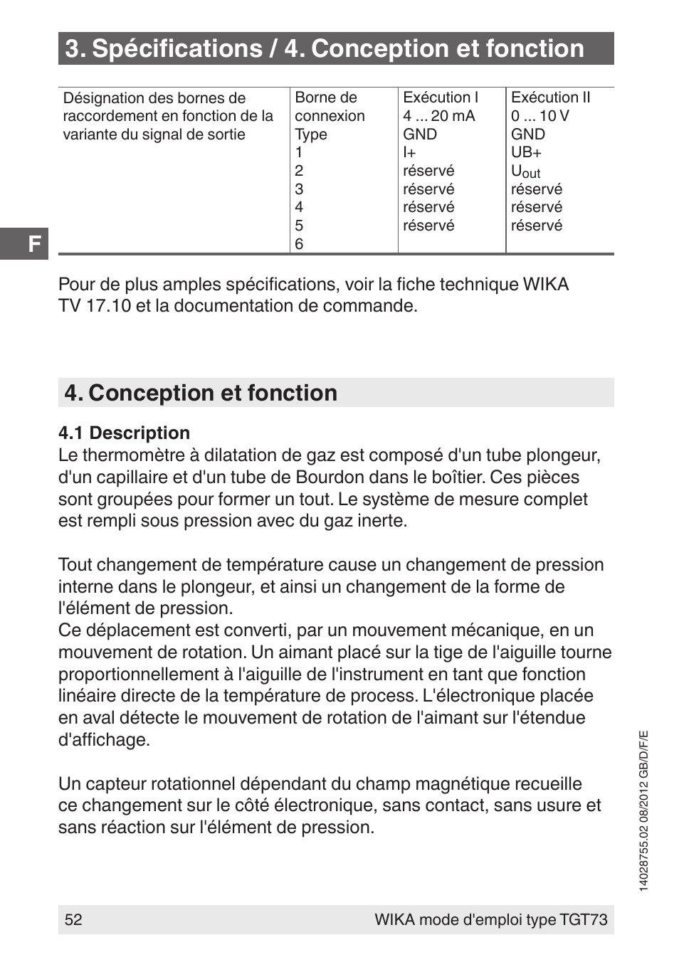 Spécifications / 4. conception et fonction, Conception et fonction | WIKA TGT73 User Manual | Page 52 / 88