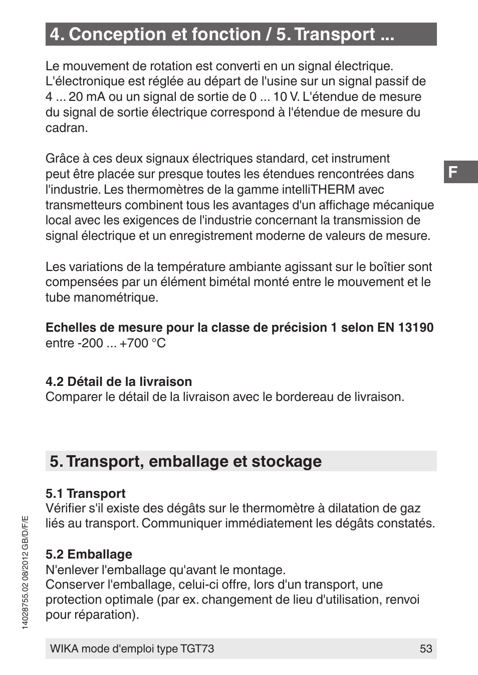 Conception et fonction / 5. transport, Transport, emballage et stockage | WIKA TGT73 User Manual | Page 53 / 88
